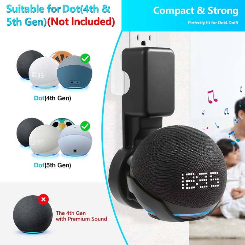 ZUOLACO Wall Mount Holder for Echo Dot 5th Generation, Outlet Hanger Stand for Echo Dot (5th & 4th Gen), Space-Saving Dot Accessories with Built-in Cable Management, Hide Messy Wires, Black - Image 2